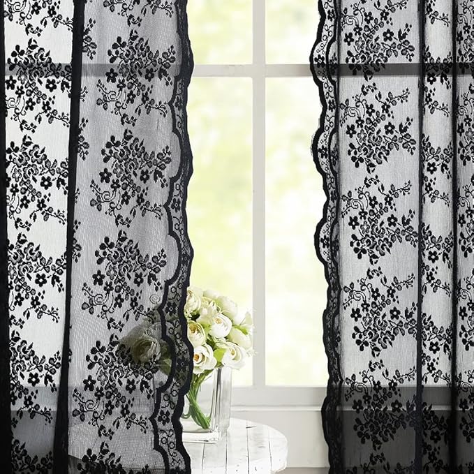 YJ YANJUN Vintage Lace Curtains 84 Inches Long-Victorian Floral Pattern Black Sheer Curtain Panels for Living Room Bedroom,Light Filtering, Gothic Witchy Halloween Drapes 2 Panels 52W x 84L