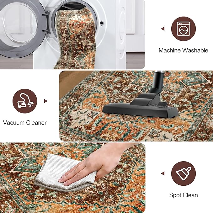 Yamaziot Washable Runner Rug, 3x6 Non-Slip Boho Vintage Hallway Rug with Rubber Backing, Low Pile Faux Wool Distressed Carpet Runner for Bedroom, Kitchen, Laundry, Entrance