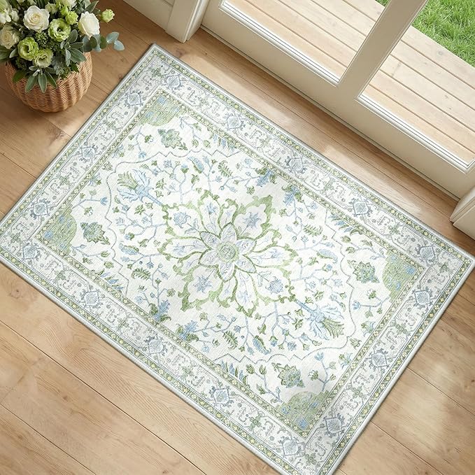Area Rugs 2'x3' Kitchen Rugs Entry Rug Small Rugs for Entryway Kitchen Bathroom Door Mat Indoor Entrance,Washable Non Slip, Green White Blue