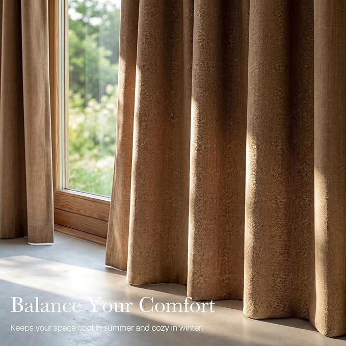 NICETOWN 100% Absolutely Blackout Linen Curtains for Bedroom Living Room, Gold Brown, 52" Wide, 2 Pieces, Privacy Vertical Thermal Insulated Window Drapes 84 inch Long for Shift Workers