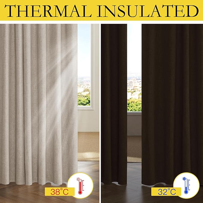 NICETOWN Oatmeal Vintage Open Linen Weave Flax Thermal Curtains, 100% Blackout Curtains 90" Long for Dining Room, Soundproof Window Treatment Drapes for Home Office, 62" Wide Per Panel, Set of 2
