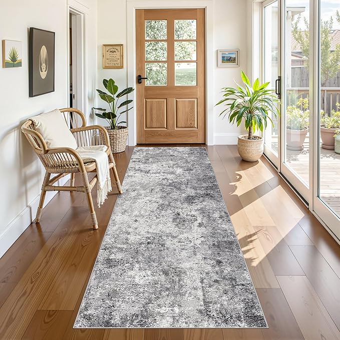 UERMEI 3X8 Washable Runner Rug for Hallway: Soft Neutral Modern Abstract Area Rug - Non-Slip Low Pile Long Throw Indoor Carpet for Kitchen Entryway Kitchen Bedroom Laundry Bathroom - Grey