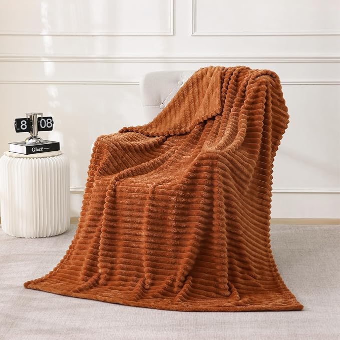 Burnt Orange Fleece Throw Blanket 50”×70” for Couch Sofa Bed,Super Soft Cozy Plush Microfiber Flannel Blanket with Stripes Design Lightweight for Adults,Woman,Girls