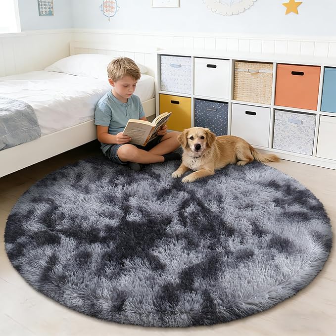 Tie-Dyed Black Fluffy Round Rug,Soft Area Rugs for Girls Room,Shaggy Rugs 6'X6' for Living Room,Non Slip Circle Rug for Kids Bedroom,Shag Plush Nursery Rug,Plush Carpet for Dorm,Cute Furry Room Decor