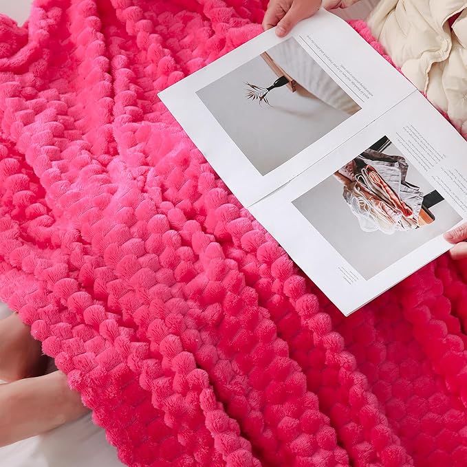 Puncuntex Hot Pink Throw Blanket 108"×90" inches Fuzzy 3D Jacquard Decorative Flannel Fleece Super Soft Plush Cozy Blanket for Couch Sofa Chair Lightweight