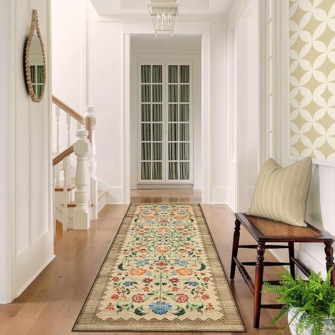 GarveeHome Floral Rug 2.5x8 Runners for Hallways, Boho Kitchen Runner Rugs Non Slip Bath Runners, Vintage Washable Runner Rug for Bedroom, Soft Long Rugs for Entryway Bathroom Laundry Dorm, Beige
