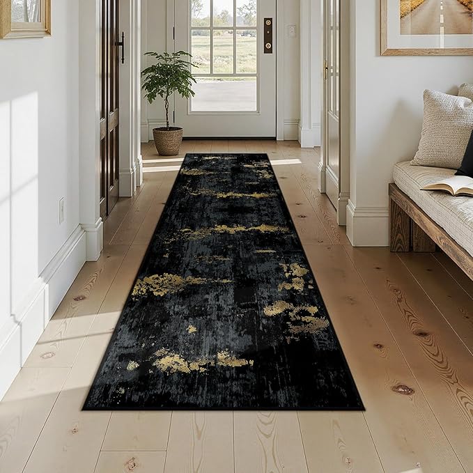 Washable Area Rugs 2x9 Non-Slip Modern Abstract Soft for Living Room Entryway Bedroom Nursery, Print Pattern, Dark Black Gold