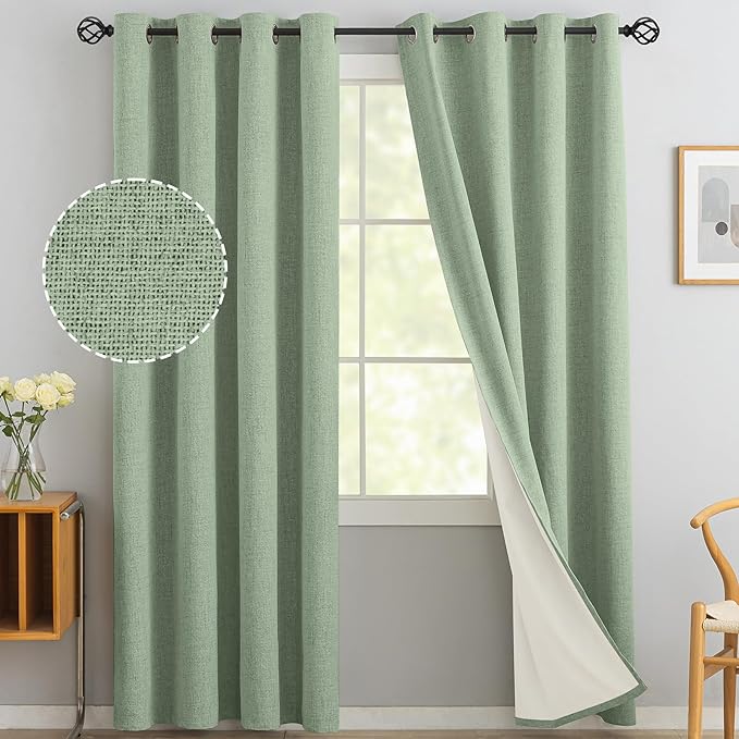 Yakamok Light Sage Green Linen Curtains 100% Blackout 90 Inches Long,Room Darkening Textured Curtains for Living Room Thermal Grommet Bedroom Curtains 2 Panels with White Liner