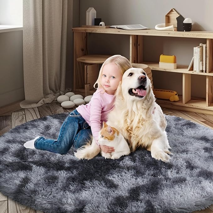 Super Soft Circle Rugs for Girls Princess Castle Toddlers Play Tent 5 Diameter Area Rugs for Kids Bedroom Baby Room Decor Round Shag Carpets(Φ5, Dark Grey Tie-Dyed)