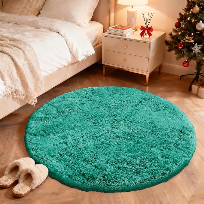 OLANLY Teal Green Round Rugs for Bedroom - Machine Washable, 7 ft Circle Area Rugs for Living Room, Soft and Fluffy Shaggy Carpet for Teen Girl and Boys, Nursery Rooms, Dorms, Home Decor Aesthetic