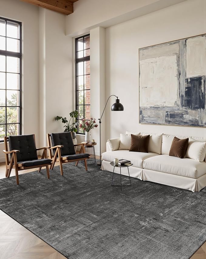 Latte&Fog 6x9 Area Rugs for Living Room Bedroom, Black Modern Abstract Neutral Washable Rug, Boho Non Slip Low Pile Carpet for Dining Room, Dorm,Classroom,College Dorm, Farmhouse and Kids Room - Black
