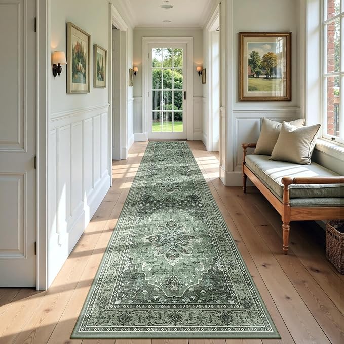RELEANY Area Rugs 3'x9' Runner Rug Non Slip Washable for Kitchen Hallway Bedroom Beside Laundry Room Bathroom Rug, Floor Carpet, Dark Green Gray