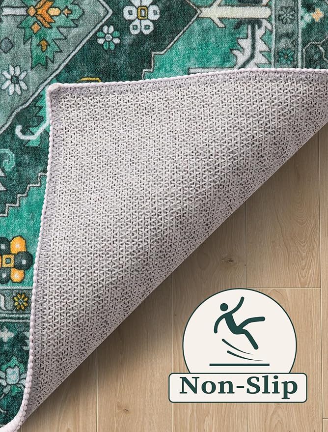 SERISSA Runner Rug for Hallways, 2'6"x14' Washable Non Slip Kitchen Runner Rug, Extra Long Boho Rug Ultra Soft Vintage Teal Print Floor Carpet for Bedroom Hallway Entryway Bathroom Laundry Room