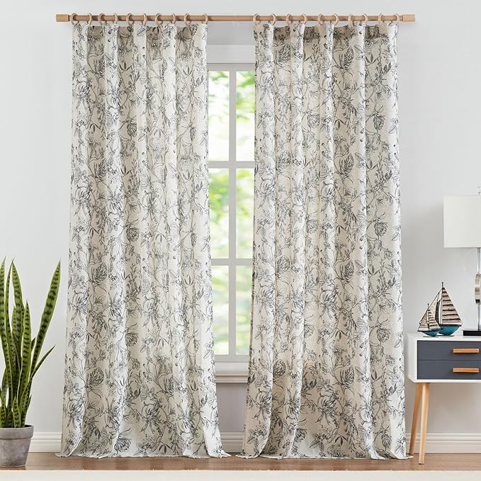 jinchan Floral Curtains 96 Inches Long Black Flower Linen Farmhouse Curtain for Living Room French Country Vintage Curtain Rod Pocket Curtains Set 2 Panels Balck Floral Printed
