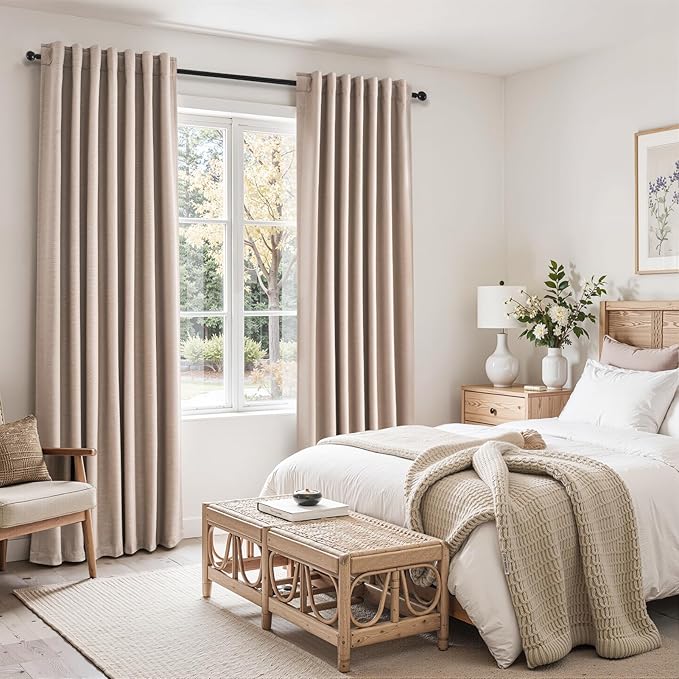 Natural Beige 95 inch bedroom living room curtains 2 Panels 100% Blackout Linen texture Curtain Drapes with Back Tab Rod Pocket Room darkening Thermal Insulated Curtains for Dining Sliding door 52x95