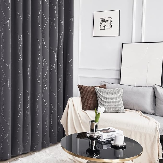 Deconovo Gray Curtains for Living Room, Blackout Drapes, Protect Pravicy Thermal Insulated Soundproof Window Drape, Wave Dots Foil Print, 52 x 108 Inch, Set of 2 Panels for Bedroom Sliding Glass Door