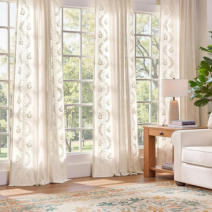 jinchan Belrose Linen Curtains for Bedroom Floral Curtains 90 Inch Length Linen Blend Ivory Embroidered Drapes Farmhouse Flower Patterned Drapes for Living Room Window Treatments Set 2 Panels