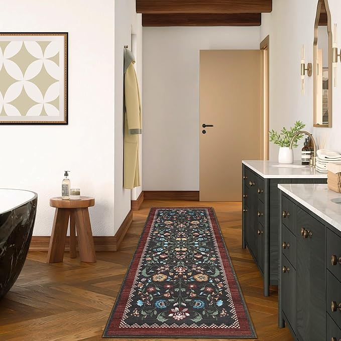GarveeHome Floral Rug 2.5x8 Runners for Hallways, Boho Kitchen Runner Rugs Non Slip Bath Runners, Vintage Washable Runner Rug for Bedroom, Soft Long Rugs for Entryway Bathroom Laundry Dorm, Red