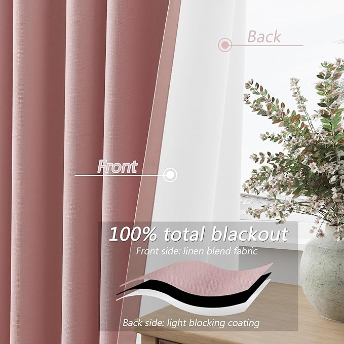 Guken Pink 100% Blackout Linen Curtains 102 Inch 2 Panels Set for Girl's Bedroom, Living Room, Nursery, Back Tab Rod Pocket Thermal Insulated Black Out Drapes Room Darkening Window Curtains