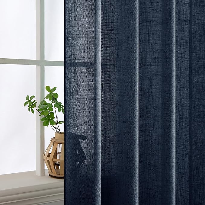 MIULEE Navy Blue Short Linen Curtains 45 Inch Length 2 Panels for Boys Bedroom Bathroom, Soft Thick Linen Textured Natural Kitchen Window Drapes Semi Sheer Light Filtering Back Tab Burlap Look Decor
