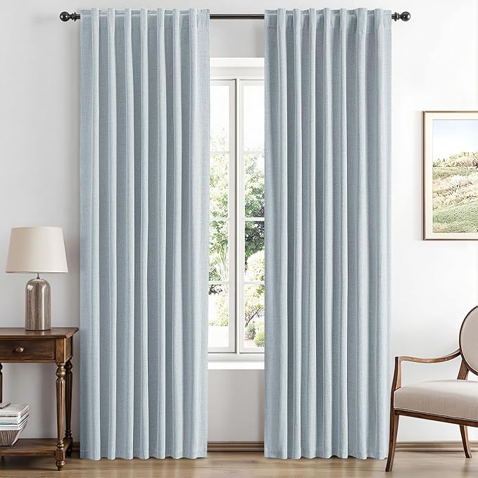 MIULEE 100% Blackout Linen Curtains for Bedroom, Chambray Blue Solid Luxury Decor Thermal Insulation Room Darkening Drapes for Living Room Nursery Back Tab Rod Pocket 42 x 90 Inches, 2 Panels