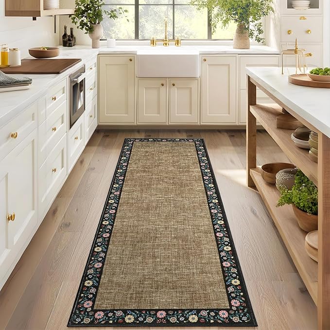GarveeHome 4x6 Area Rugs for Bedroom Living Room Machine Washable Rugs Floral Bordered Small Carpet Non-Slip Stain Resistant Accent Carpet for Dining Room Table Apartment Office, Brown