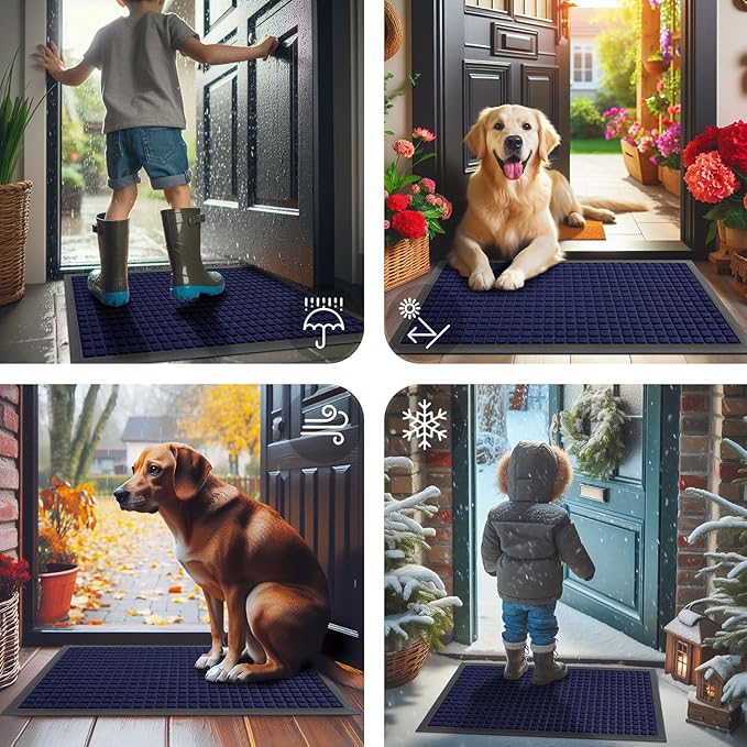 Smiry Front Door Mat Outside Entrance, Heavy Duty Natural Rubber Doormat, Non Slip, Trap Dirt and Moisture, Easy Clean, Low Profile Welcome Floor Mats for Indoor Outdoor Entry, 47x32 Inch, Navy Blue