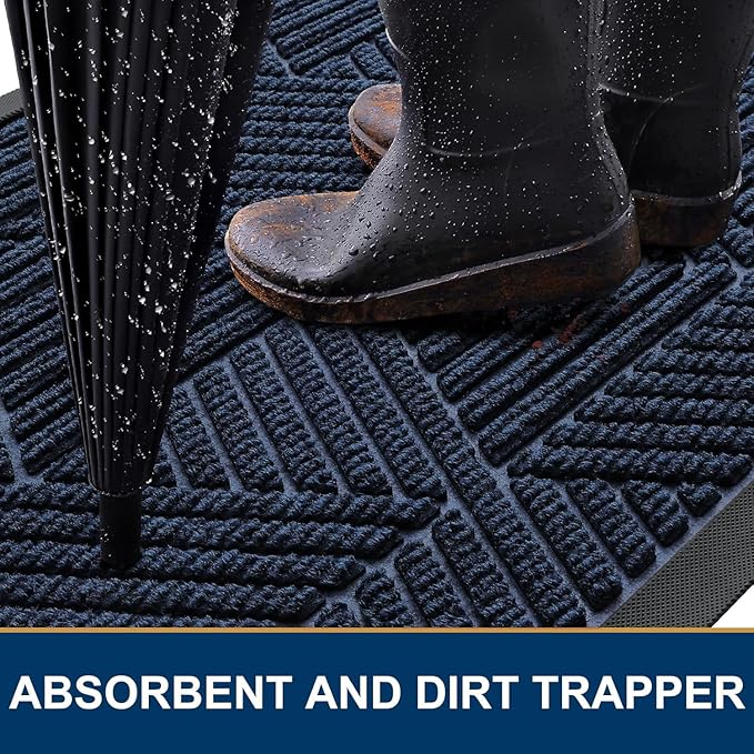 Smiry Front Door Mat Outside Entrance, Heavy Duty Sturdy Natural Rubber Doormat, Trap Dirt and Moisture, Easy Clean Low Profile Mats for Indoor Outdoor Entry, Irregular Triangle (71x47, Navy Blue)