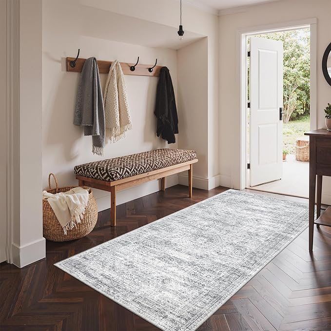 3x6 Runner Rug Non Slip, Thin Entryway Washable Rug for Entryway, Runners for Hallways, Low Pile Vintage Abstract Soft Rugs for Living Room, Kitchen, Bedroom (3'x6', Grey/Ivory)