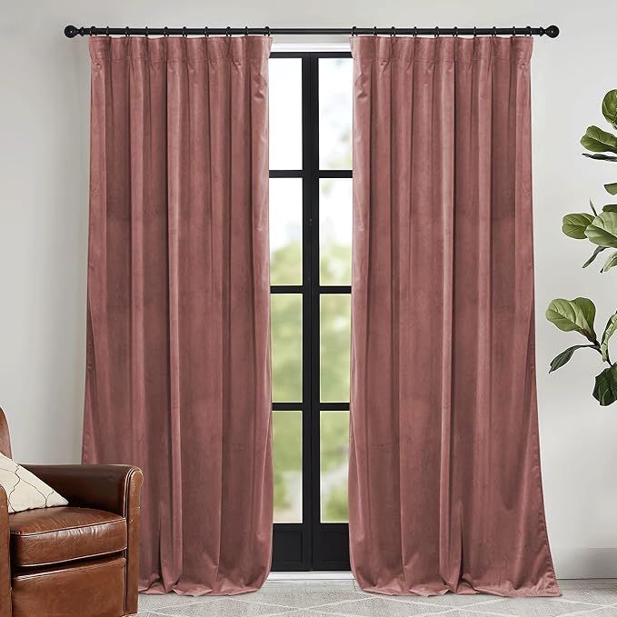 RYB HOME Pink Velvet Curtains 102 inches with Hook Belt, Soft Fabric Room Darkening Thermal Insulated Luxurious Home Decor Curtains for Living Room Bedroom, W 52" x L 102", 2 Panels Set