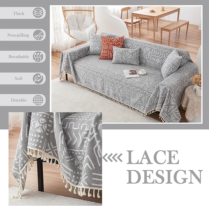 HANDONTIME Bohemian Grey and White Couch Cover for Dogs Aztec Tribal Sofa Covers for 3 Cushion Couch Aesthetic Tassel Couch Slipcover Sofa Seat Cover Universal Loverseat Cover Futon Cover, 71" X150"