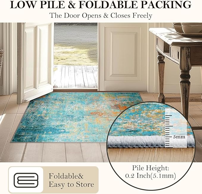 Washable Area Rugs 2'x8' Non-Slip Modern Abstract Soft for Living Room Entryway Bedroom Nursery, Print Pattern, Teal Blue Green Orange Rust Red Coloreful