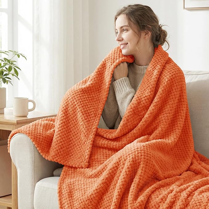 Exclusivo Mezcla Fleece Bed Blanket King Size, Super Soft and Warm Blankets for Couch, Sofa and Bed Waffle Textured, Cozy, Fuzzy and Lightweight (Burnt Orange, 90x104 Inches)