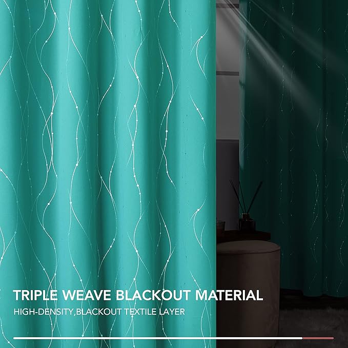 Deconovo Blackout Curtains, Thermal Insulated Soundproof Grommet Drapes, Wave Dots Silver Print, 42 x 54 Inch, Set of 2, Machine Washable Panels for Kitchen Bedroom Living Room Nursery, Turquoise