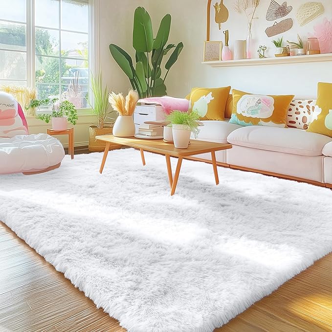 OLANLY 5x5 Area Rugs for Living Room Bedroom, Machine Washable Soft Fluffy Shaggy Bedside Rug, Indoor Floor Carpet for Kids Girls and Boys, Dorms, Nursery Rooms, Home Decor Aesthetic, White