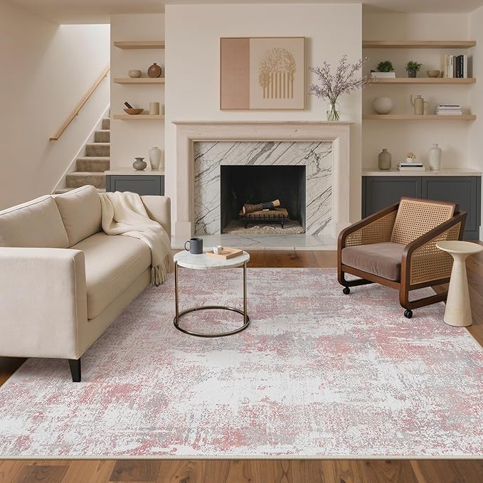 BEIMO Area Rugs 8x10 for Living Room Bedroom, Modern Abstract Machine Washable Rug, Large Soft Low Pile Floor Carpet with Non Slip Backing for Dining Room, Pink/Grey