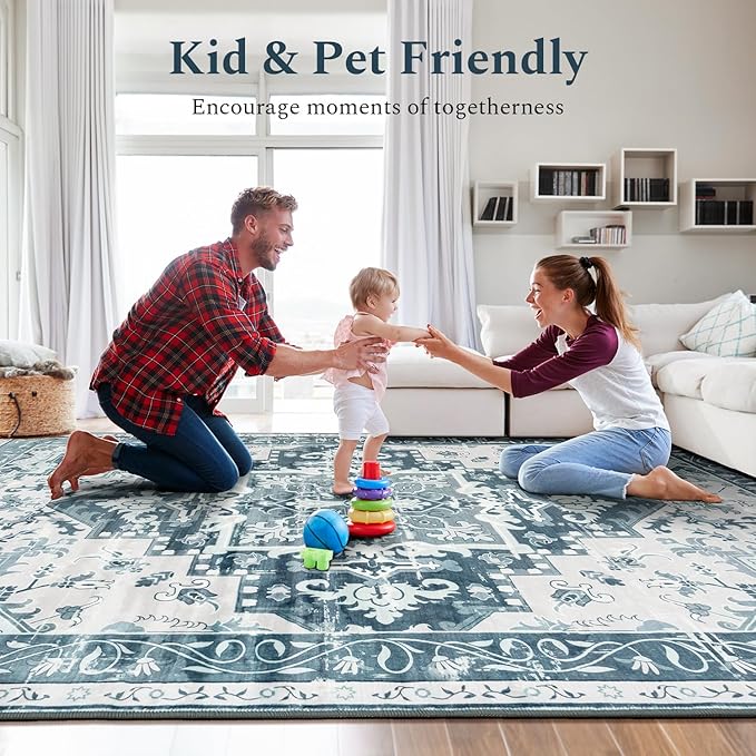 Rugflix 9x12 Area Rug for Living Room, Machine Washable Area Rugs with Non-Slip Backing, Large Soft Boho Vintage Rug for Bedroom, Dining Room, Low Pile Carpet, Kids Pet Friendly, Blue
