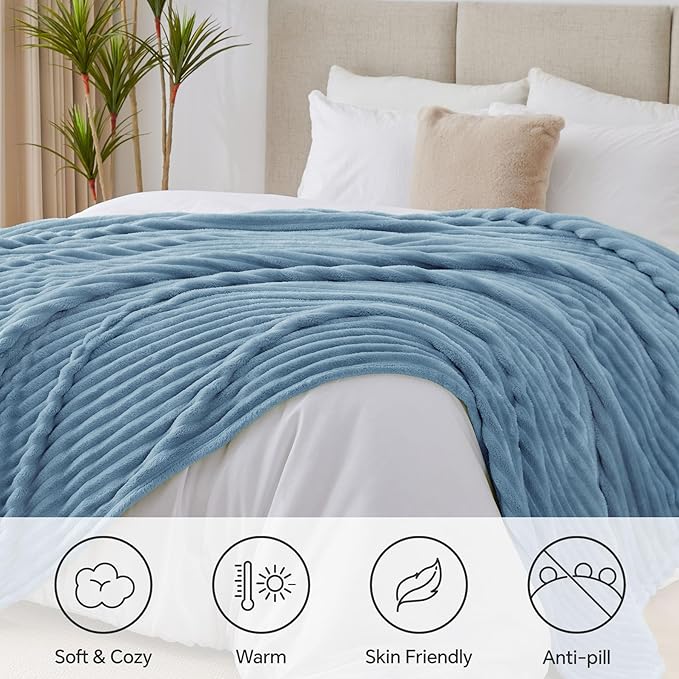BEDELITE Blankets Queen Size for Bed, 300GSM Soft & Warm Fleece Blanket, Decorative and Giftable Striped Light Blue Blankets for Women, Men, 90"x90"