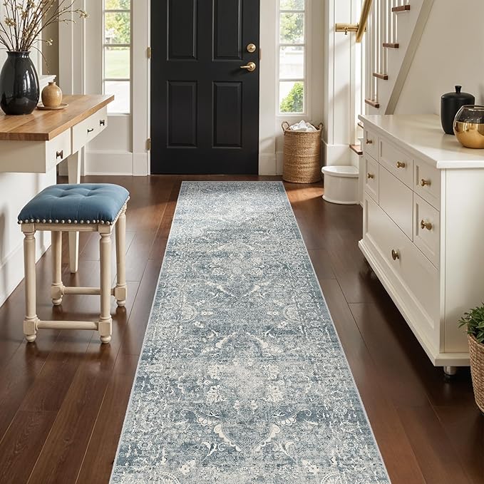 Washable 3x12 Runner Rug - Non-Slip Vintage Thin Rug for Entryway Low-Pile Medallion Long Rugs for Hallway Waterproof Traditional Runner Indoor Thin Rug for Kitchen (Blue)