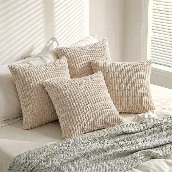 Fancy Homi 4 Packs Tan Decorative Throw Pillow Covers 24x24 Inch for Living Room Couch Bed Sofa, Beige Rustic Farmhouse Boho Home Decor, Soft Plush Striped Corduroy Square Cushion Case 60x60 cm