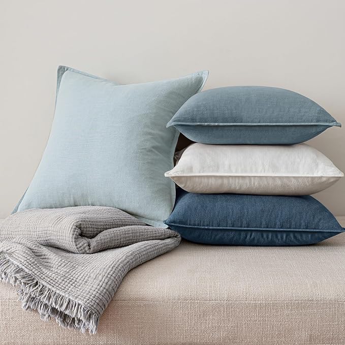 MIULEE Blue Linen Pillow Covers Pack of 4 Decorative Natural Throw Pillow Covers Soft Accent Boho Farmhouse Couch Pillowcases Modern Spring Home Coastal Decor for Living Room Bed Sofa 20x20 Inch