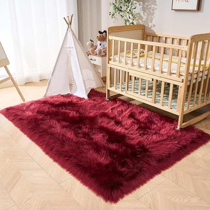 EasyJoy Ultra Soft Fluffy Shaggy Area Rug Faux Fur Rug Chair Cover Seat Pad Fuzzy Area Rug for Bedroom Floor Sofa Living Room (4 x 6 ft Rectangle, Burgundy)