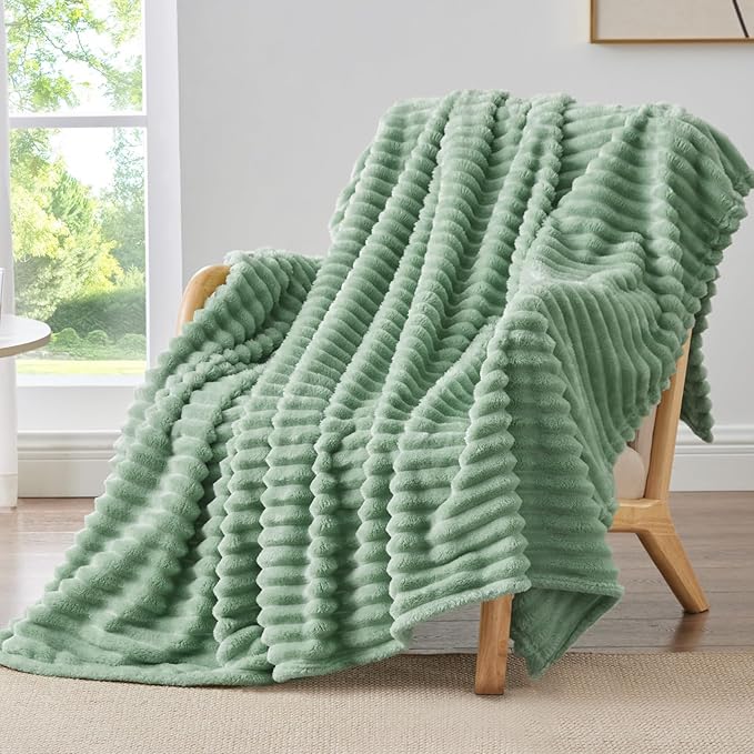 BEDELITE Twin Blanket for Couch & Bed, 300GSM Soft & Warm Fleece Blanket, Decorative and Giftable Striped Green Blankets for Women, Men, 60"x80"