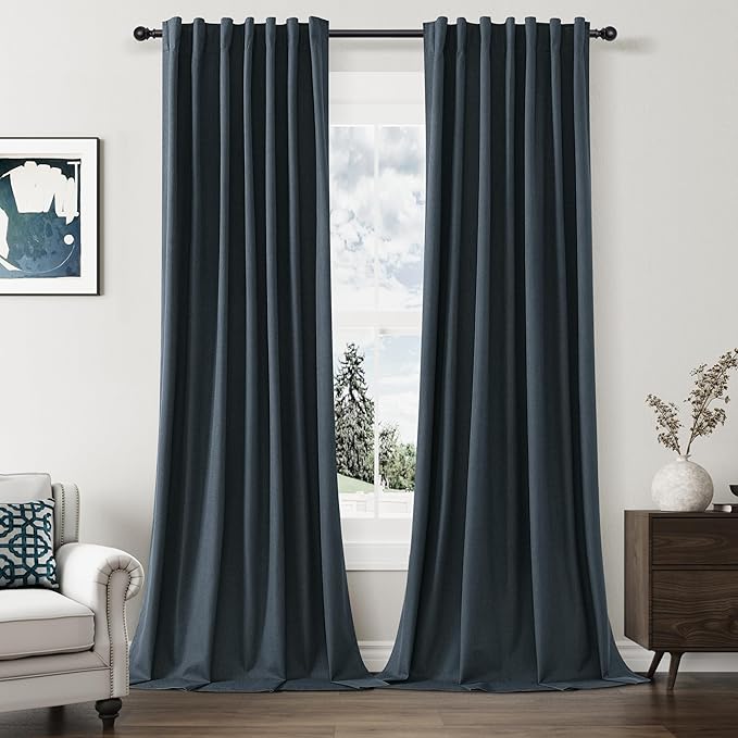 Guken Vintage Blue 100% Blackout Linen Curtains 84 Inch Length 2 Panels Set for Living Room Bedroom Back Tab/Rod Pocket Thermal Insulated Black Out Drapes Room Darkening Window Curtains