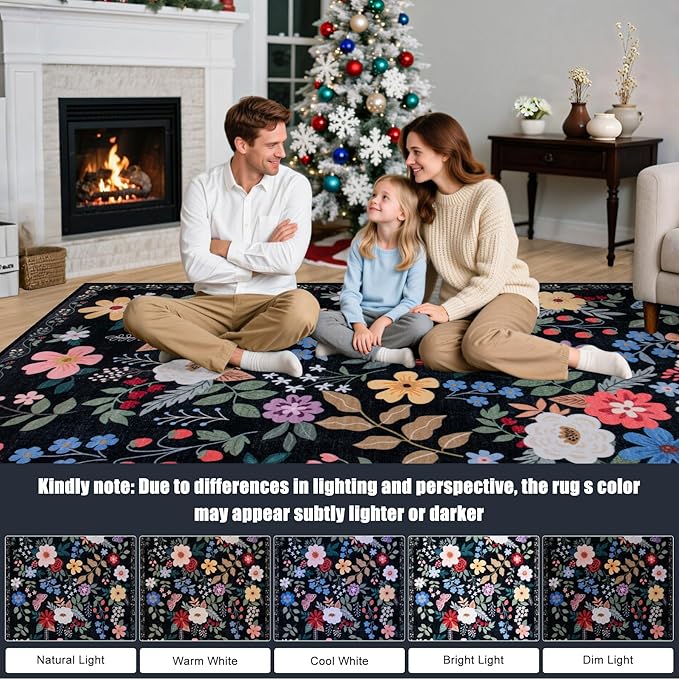 Area Rug Living Room Rugs: Floral 4x6 Washable Rug Vintage Soft Boho Non-Slip Carpet Indoor Floor Stain Resistant Large Carpets for Bedroom Dining Room Farmhouse Nursery Hallway Home Office Black