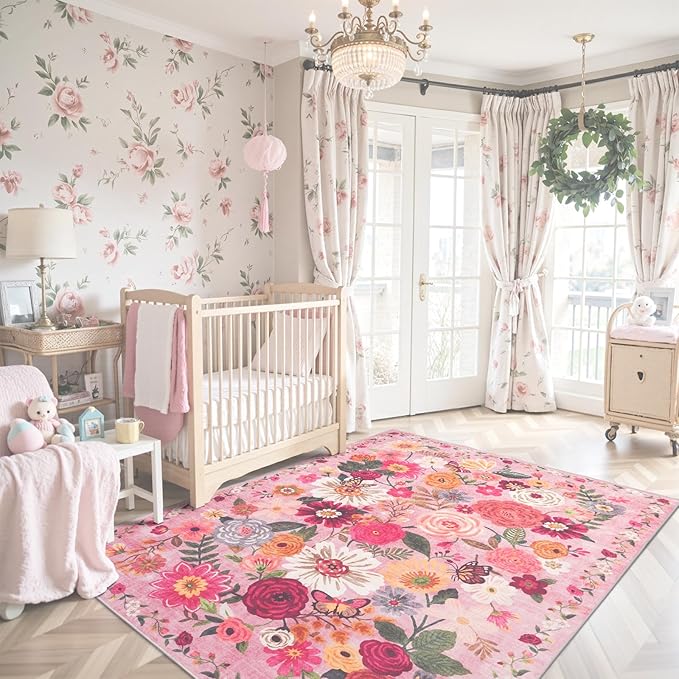 Pink Floral Girls Room Rug 5x7, Non-Slip Washable Rugs for Bedroom Living Room Nursery Kitchen Dining Room Indoor, Ultra-Thin Soft Stain Resistant Girls Room Decor(5 x 7, Pink Garden)