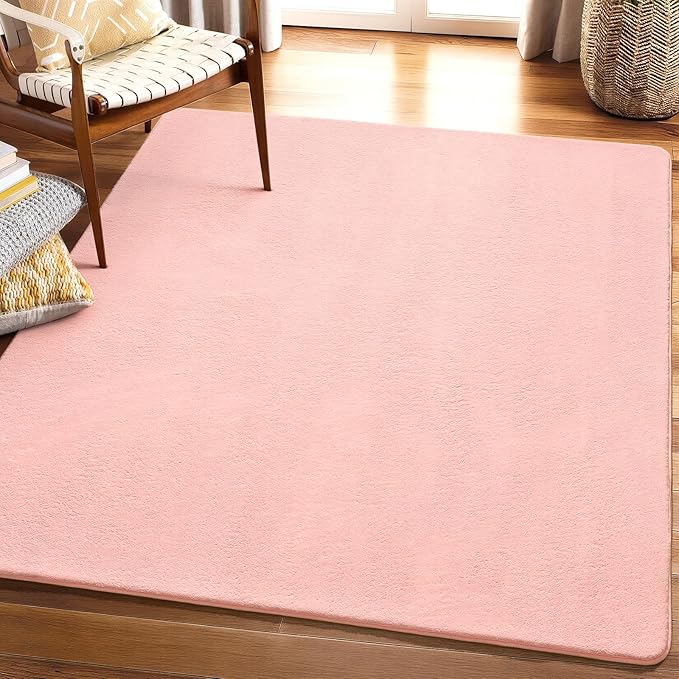 Amearea 5x5 Square Area Rugs for Bedroom Living Room, Modern Pink Thickened Memory Foam Rug, Fluffy Indoor Washable Rugs Non Slip Minimalist Carpet for Kids Boys Girls Dorm Nursery Room Decor