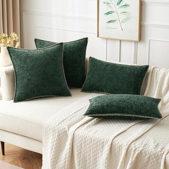 MIULEE Pack of 2 Christmas Pillow Covers 16x16 Inch Dark Green Farmhouse Decorative Throw Pillow Covers with Stitched Edge Soft Chenille Solid Dyed Couch Pillow Covers for Sofa Bed Living Room