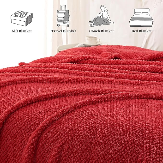 Whale Flotilla Extra Large Fuzzy Fleece Throw Blanket for Couch, 50x70 Inch Fluffy Warm Soft Jacquard Blankets for All Season, Lightweight and Cozy, Red