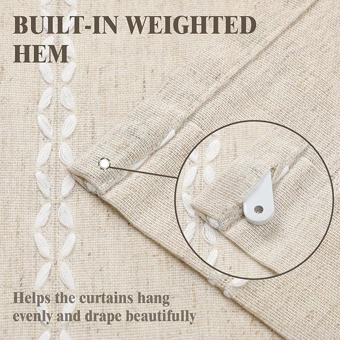 Pinch Pleated Look Light Filtering Curtains 84 Inch Length, 2 Panels Linen Textured Boho Neutral Drapes for Living Room Bedroom Farmhouse Vintage Rustic Window Curtains with Hooks